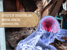 Visual of a transparent person with brain highlighted in red, overlaid on a disaster scene, with the course title to left.