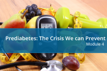 A photo of a pile of fruit, hand weights, a stethoscope, and a glucose reader, overlaid with course title