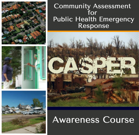 Collage of stylized photos depicting an aerial view of a neighborhood, community workers talking to residents at their front door, and images of homes destroyed by tornadoes.