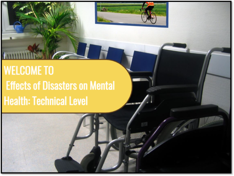 An empty clinic room with a row of chairs and wheelchairs, overlaid with the course title